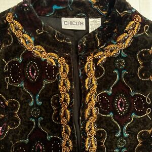 Chicos Embellished Beaded Velvet Jacket Womens Medium Black Holiday Evening Glam